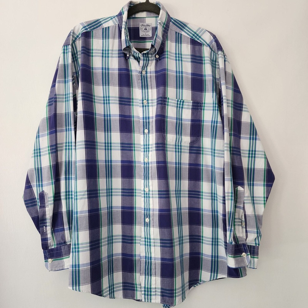 Brooks Brothers Mens Large Plaid Sport Shirt Navy Blue Green Cotton Button Down